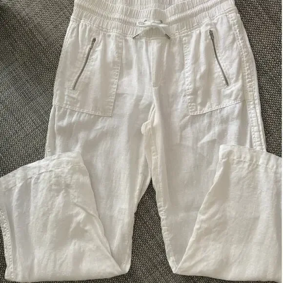 ATHLETA Cabo 100% Linen Wide Leg Elastic Waist Pockets Pant White Calla Lily 14 - Picture 2 of 7